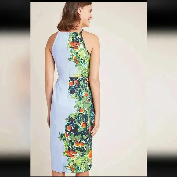 Anthropologie Maeve Orange Bough Blue Citrus Dress Midi Grove - Picture 3 of 11